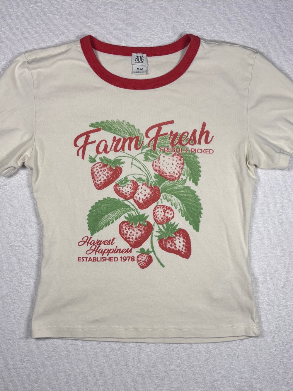BDG Cream Short Sleeve Ringer Tee with Red & Green Strawberry Graphic